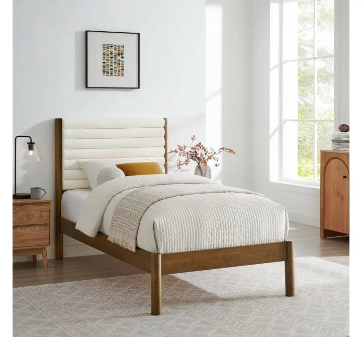 Modway Olea Channel Tufted Boucle Solid Wood Twin Platform Bed Walnut
