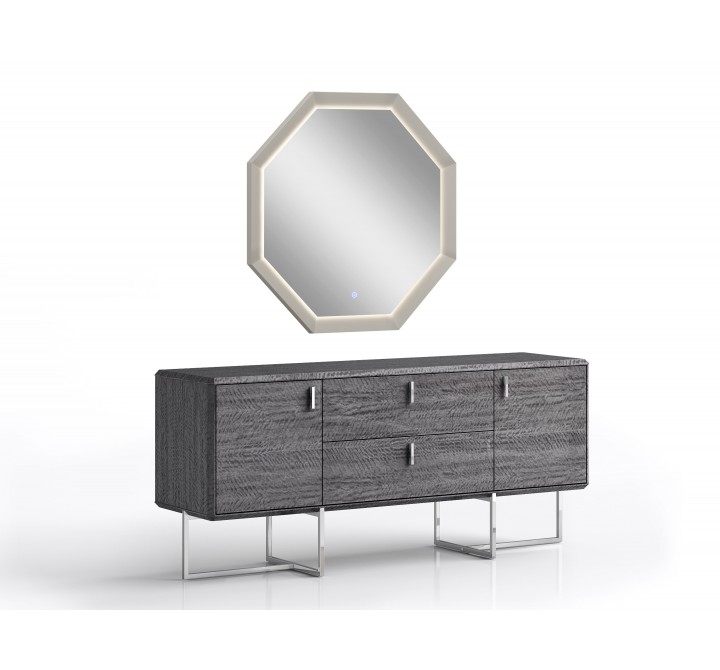 Whiteline Modern Living Chloe Hexagonal Mirror In High Gloss Grey With LED Light - Angled with Dresser