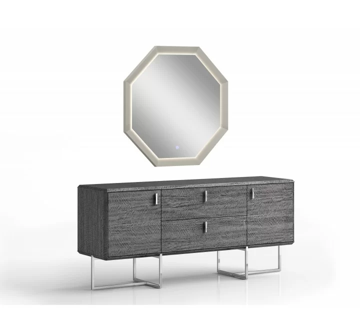 Whiteline Modern Living Chloe Hexagonal Mirror In High Gloss Grey With LED Light - Angled with Dresser