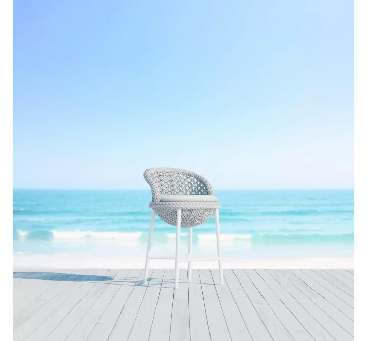 Azzurro Montauk Counter Stool With Matte White Aluminum Frame and Pearl Gray All-Weather Rope - Lifestyle