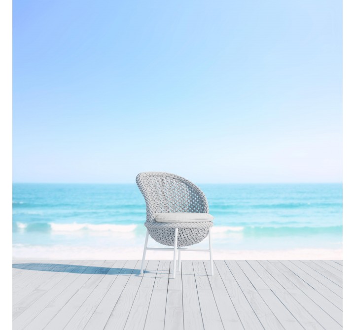 Azzurro Montauk Dining Chair With Matte White Aluminum Frame and Pearl Gray All-Weather Rope - Lifestyle