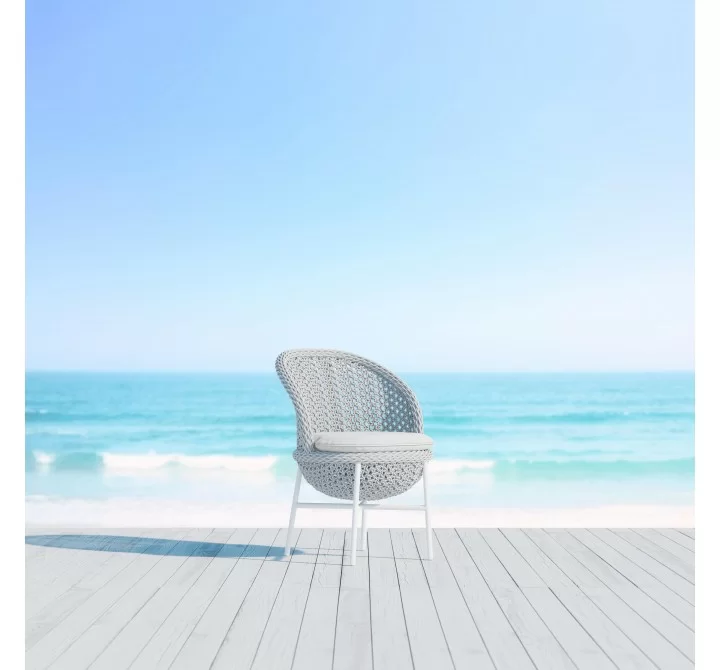 Azzurro Montauk Dining Chair With Matte White Aluminum Frame and Pearl Gray All-Weather Rope - Lifestyle