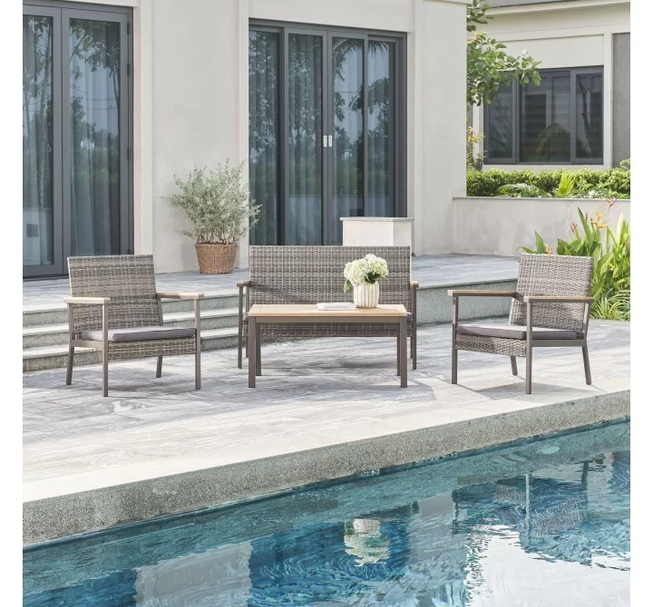 Vifah Evelyn 4-Piece All-Weather Outdoor Resin Wicker Mixed Acacia Wood Lounge Sofa Set in Grey with Cushion, Lifestyle