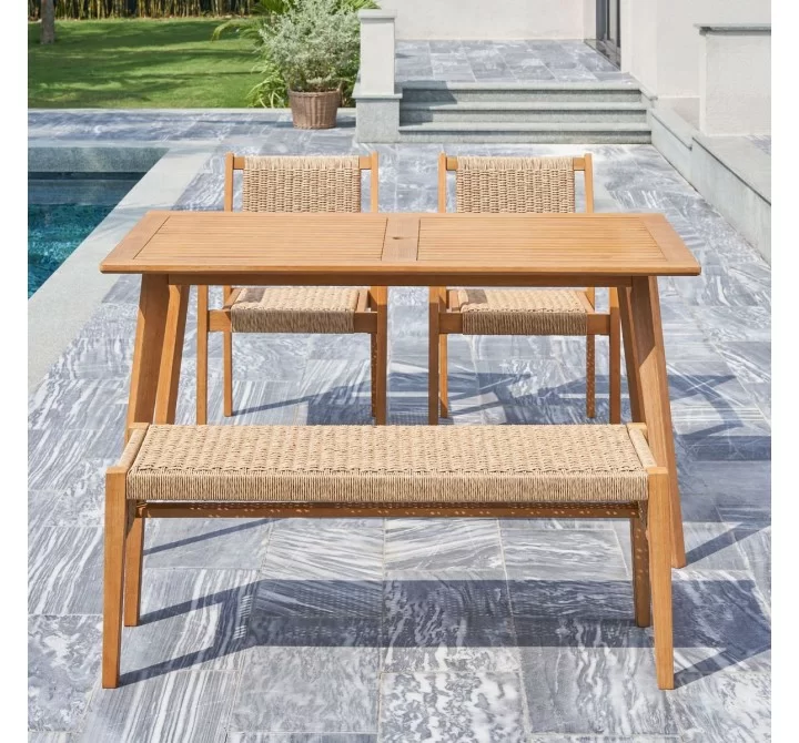 Vifah Chesapeake Honey 4-Piece Patio Acacia Wooden Mixed Strapped Rattan Dining Set with 2-Seater Bench, Front Angle