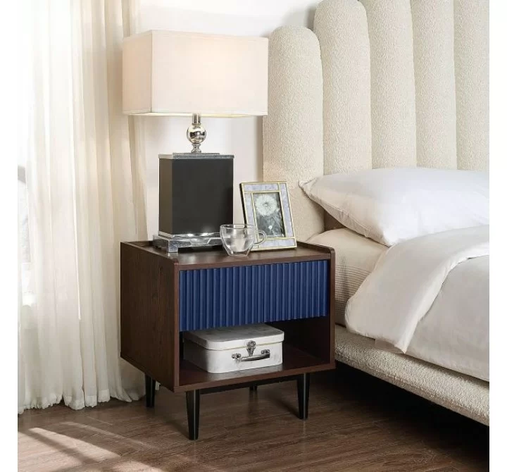 Manhattan Comfort Duane Modern Ribbed Nightstand with Full Extension Drawer in Dark Brown And Blue