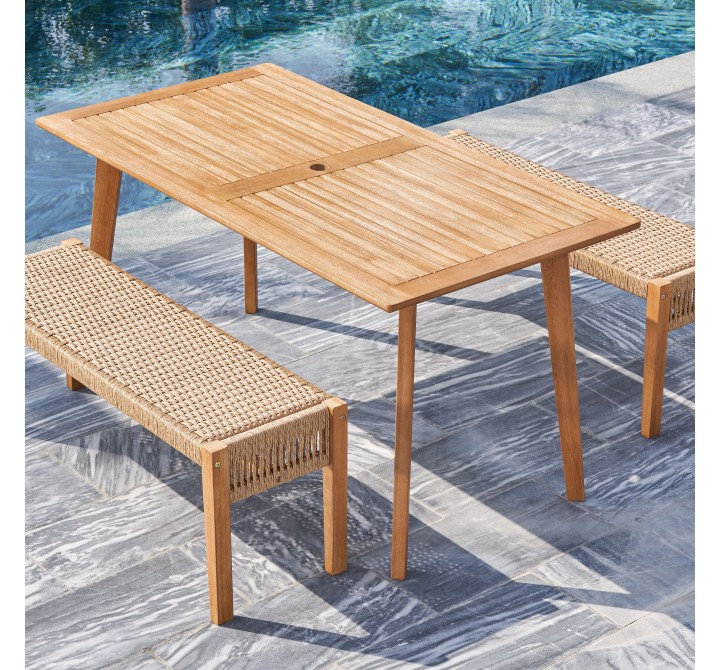 Vifah Chesapeake 3-Piece Patio Acacia Wooden Mixed Strapped Rattan Dining Set with 3-Seater Benches, Top Angle