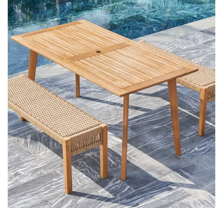 Vifah Chesapeake 3-Piece Patio Acacia Wooden Mixed Strapped Rattan Dining Set with 3-Seater Benches, Top Angle