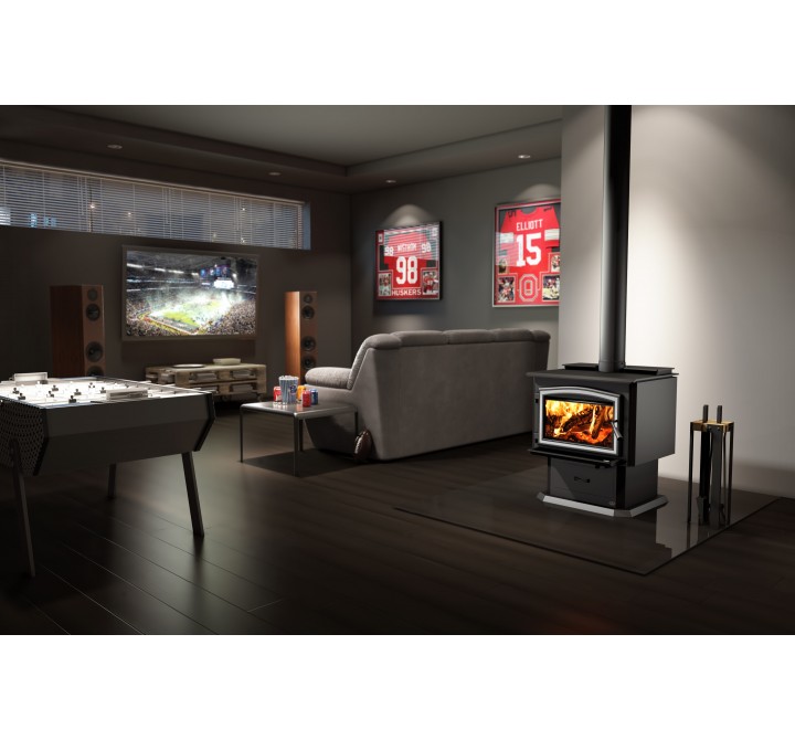 Osburn Stoves 3500 Wood Stove with Ash Pan Pedestal with Heat Activated Variable Speed Blower - Lifestyle 