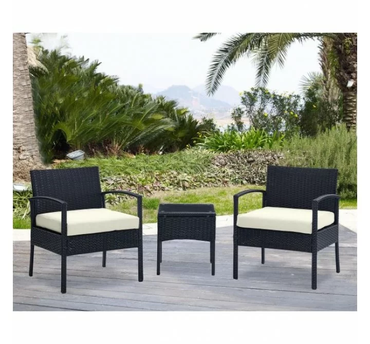 Manhattan Comfort Noli Steel Rattan 3-Piece Patio Conversation Set with Cushions in Cream