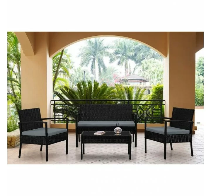 Manhattan Comfort Noli Steel Rattan 4-Piece Patio Conversation Set with Cushions in Grey