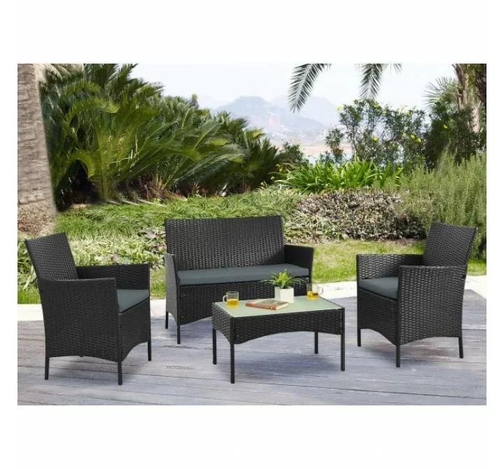 Manhattan Comfort Imperia Steel Rattan 4-Piece Patio Conversation Set with Cushions in Grey