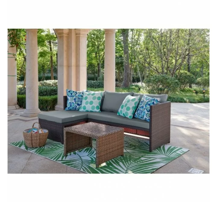Manhattan Comfort Menton Steel Rattan 2-Piece Chair Lounge and 2 Seater with Coffee Table Patio Set in Grey