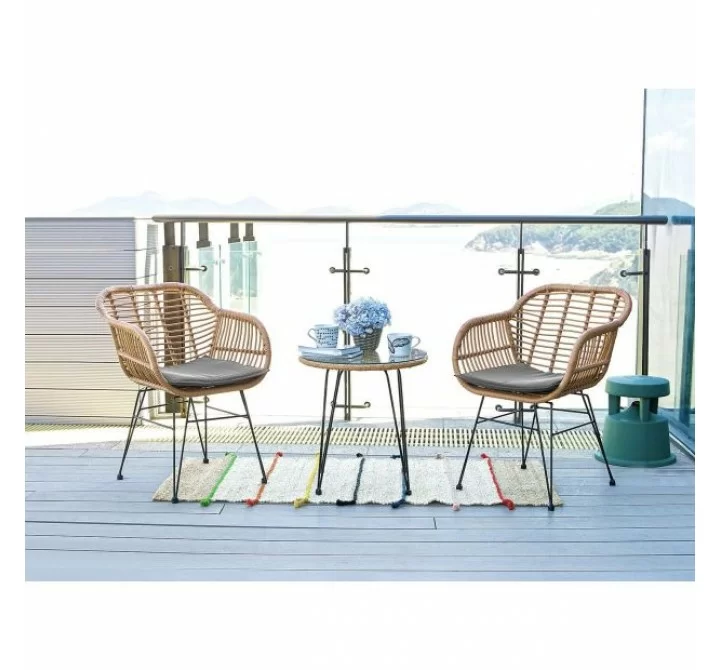 Manhattan Comfort Antibes 1.0 Steel Rattan 3-Piece Patio Conversation Set with Cushions in Grey