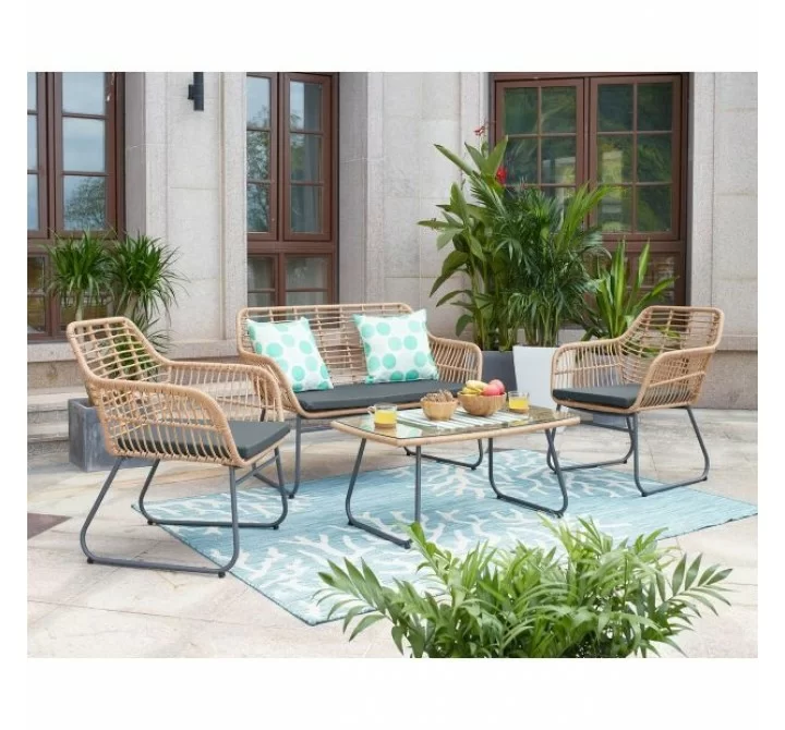 Manhattan Comfort Antibes 2.0 Steel Rattan 4-Piece Patio Conversation Set with Cushions in Grey