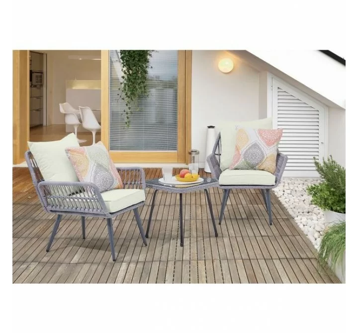 Manhattan Comfort Cannes Rope Wicker 3-Piece Patio Conversation Set with Cushions in Cream
