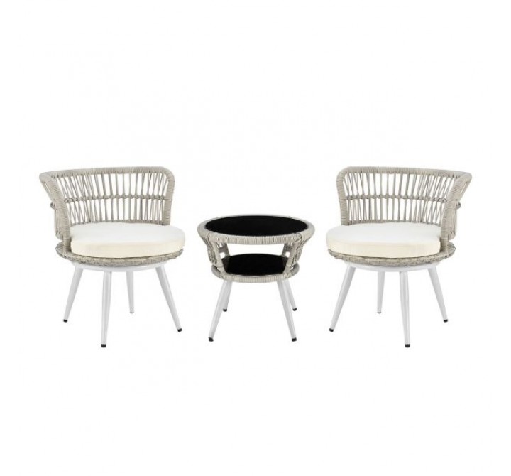 Manhattan Comfort Monaco Rope Wicker 3-Piece Patio Conversation Set with Cushions in Cream