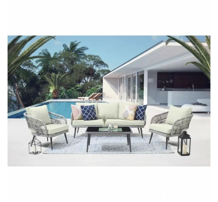 Manhattan Comfort Riviera Rope Wicker 4-Piece 5 Seater Patio Conversation Set with Cushions in Cream