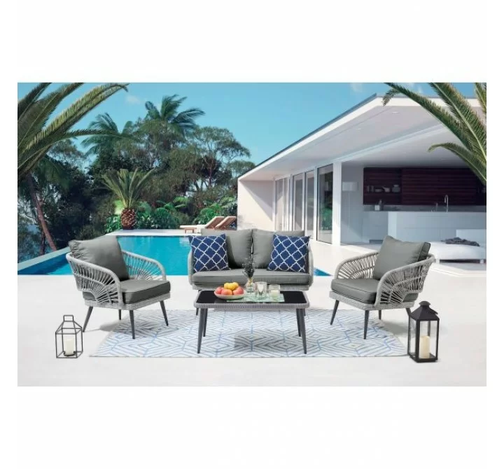 Manhattan Comfort Riviera Rope Wicker 4-Piece 4 Seater Patio Conversation Set with Cushions in Grey 