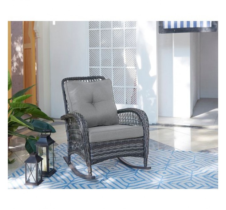 Manhattan Comfort Furttuo Steel Rattan Outdoor Rocking Chair with Cushions in Grey