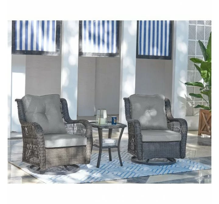 Manhattan Comfort Fruttuo Swivel Steel Rattan 3-Piece Patio Conversation Set with Cushions in Grey