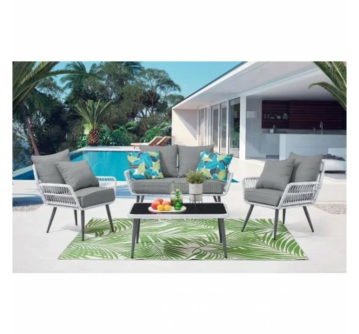 Manhattan Comfort Portofino Rope Wicker 4-Piece Patio Conversation Set with Cushions in Grey Loveseat