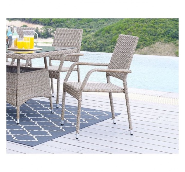 Manhattan Comfort Genoa 7-Piece Steel Rectangle Glass Top Outdoor Dining Table and 6 Armchairs without cushions in Nature Tan Weave