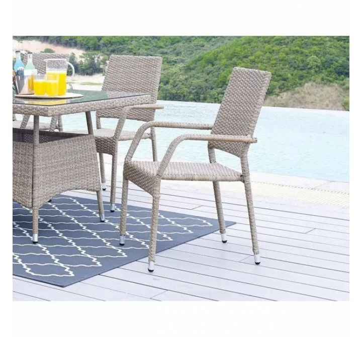 Manhattan Comfort Genoa 7-Piece Steel Rectangle Glass Top Outdoor Dining Table and 6 Armchairs without cushions in Nature Tan Weave