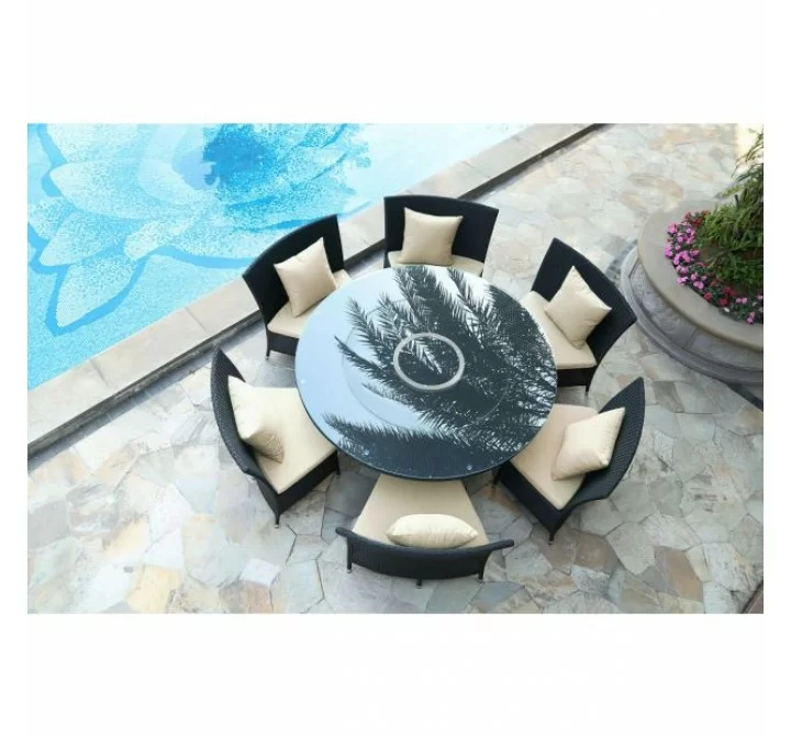 Manhattan Comfort Nightingdale Black 7-Piece Rattan Outdoor Dining Set with Cream and White Cushions