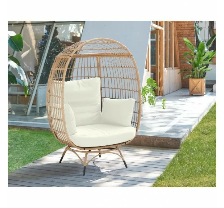 Manhattan Comfort Spezia Freestanding Steel and Rattan Outdoor Egg Chair with Cushions in Cream