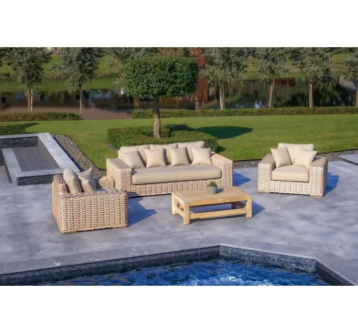 Outsy Anna Lux 4-Piece Outdoor Extra Deep Seating Wicker Aluminum Frame Furniture Set with Wood Coffee Table in White and Grey - Lifestyle