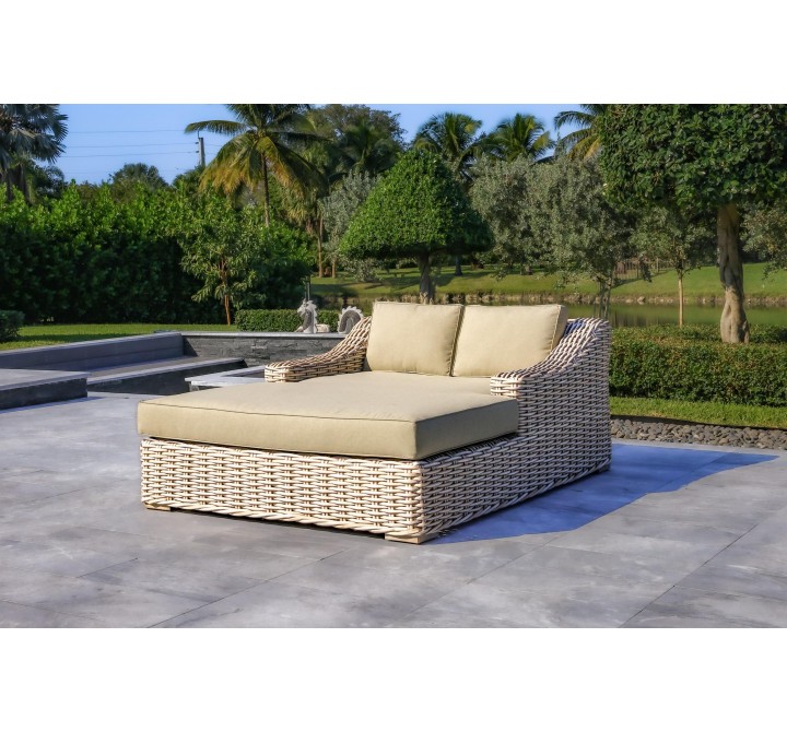 Outsy Anna 79 X 59 Inch Outdoor Wicker Aluminum Frame Extra Large Double Sun Lounger in White and Grey - Lifestyle Angled Shot