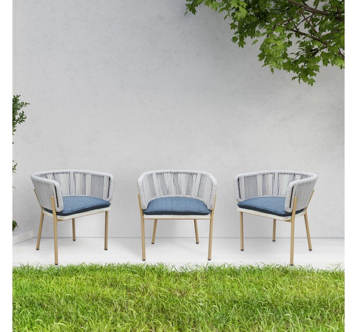Outsy Melina Outdoor Wood, Aluminum and Rope Dining Chair In Milk and Coffee Legs - Top Angled Lifestyle