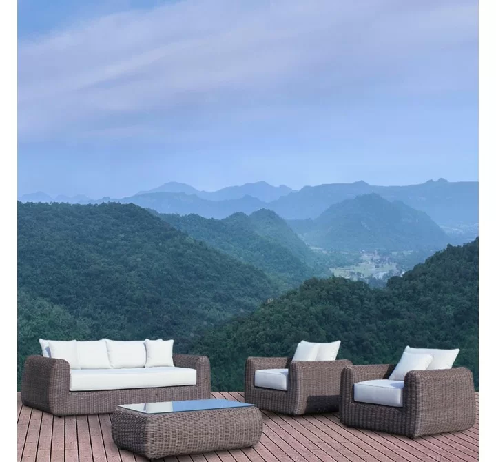 Outsy Milo Lux 4-Piece Outdoor and Backyard Extra Deep Seating Wicker Aluminum Frame Furniture Set with Wicker Coffee Table in Brown - Lifestyle 