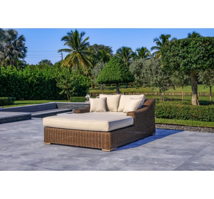Outsy Milo 79 X 59 Inch Outdoor Wicker Aluminum Frame Extra Large Double Sun Lounger in Brown - Lifestyle Angled View
