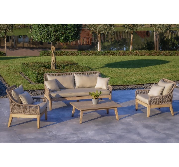 Outsy Solana 4-Piece Outdoor and Backyard Wood With Aluminum and Rope Furniture Set - Lifestyle 