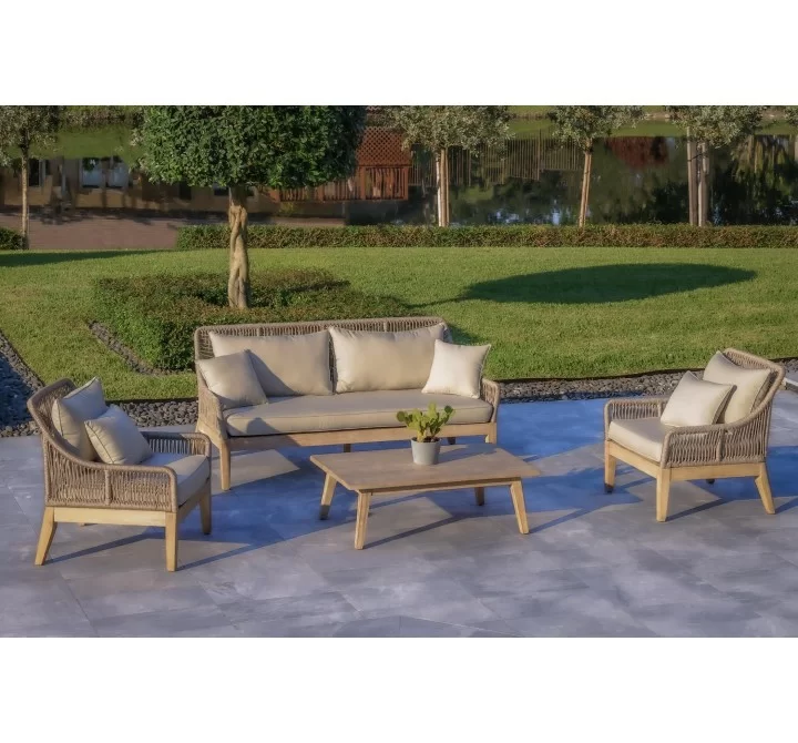 Outsy Solana 4-Piece Outdoor and Backyard Wood With Aluminum and Rope Furniture Set - Lifestyle 