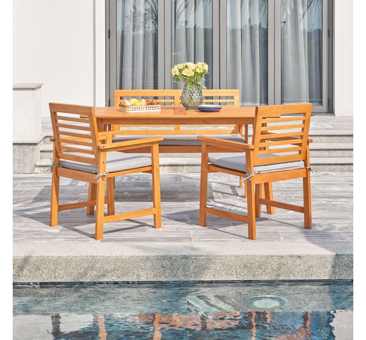 Vifah Waimea Honey 4-Piece Slatted Eucalyptus Wood Patio Dining Set with Bench and Cushion, Front Angle