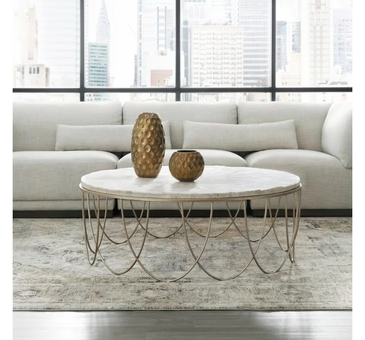 Pulaski Furniture Round Stone Top Cocktail Table with Decorative Metal Base