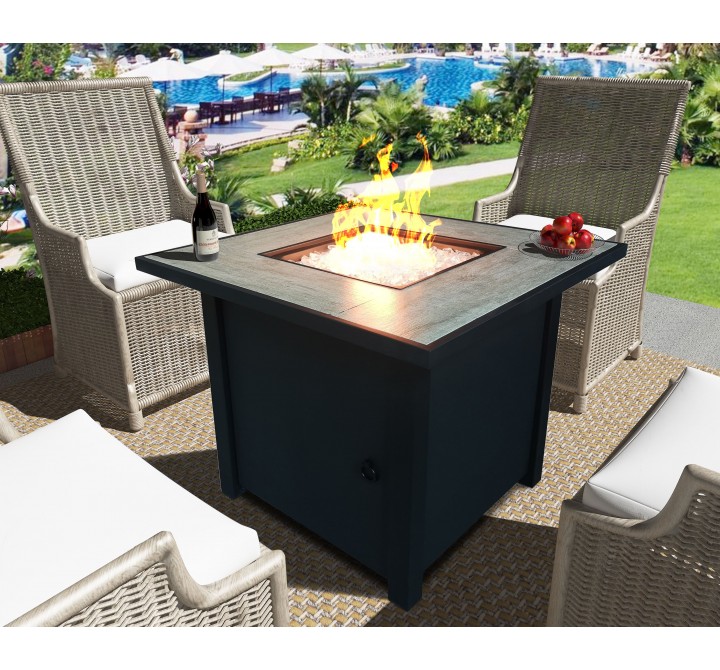 Crawford and Burke Melozi Black Metal and Tile Square Fire Pit with Glass Rocks, Lifestyle
