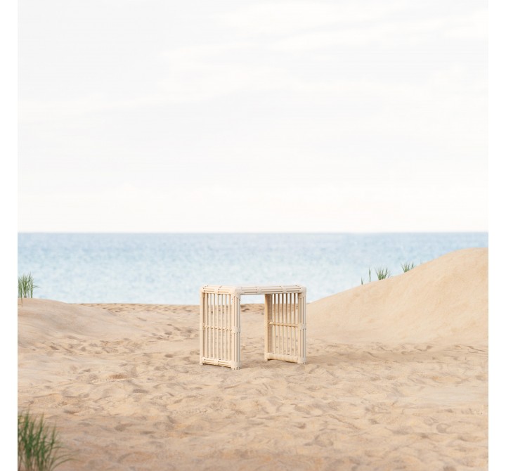Azzurro Living Paloma Side Table With Matte White Aluminum Frame And Almond All-Weather Wicker - Lifestyle