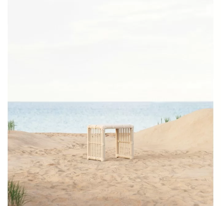 Azzurro Living Paloma Side Table With Matte White Aluminum Frame And Almond All-Weather Wicker - Lifestyle