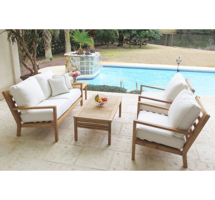 Royal Teak Coastal Wooden Set with 2-Seat Loveseat and Two Club Chairs, Miami Side Table and Miami Coffee Table