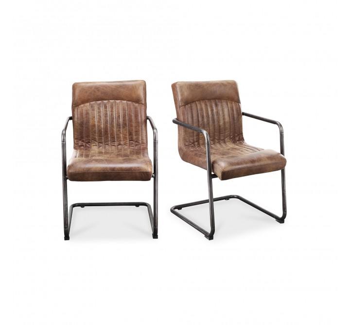 Moe's Home Collection Ansel Dining Arm Chair in Grazed Brown Leather - Set of Two - Set in Angle