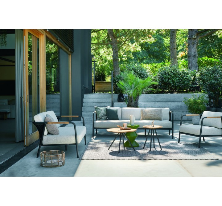 Alfresco Home Elle Belt Deep Seating 79" Sofa w/ Teak Arm Rests | Cushions Inclusive - Lifestyle