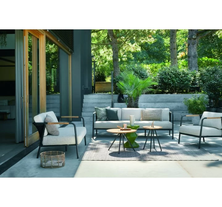 Alfresco Home Elle Belt Deep Seating 79" Sofa w/ Teak Arm Rests | Cushions Inclusive - Lifestyle