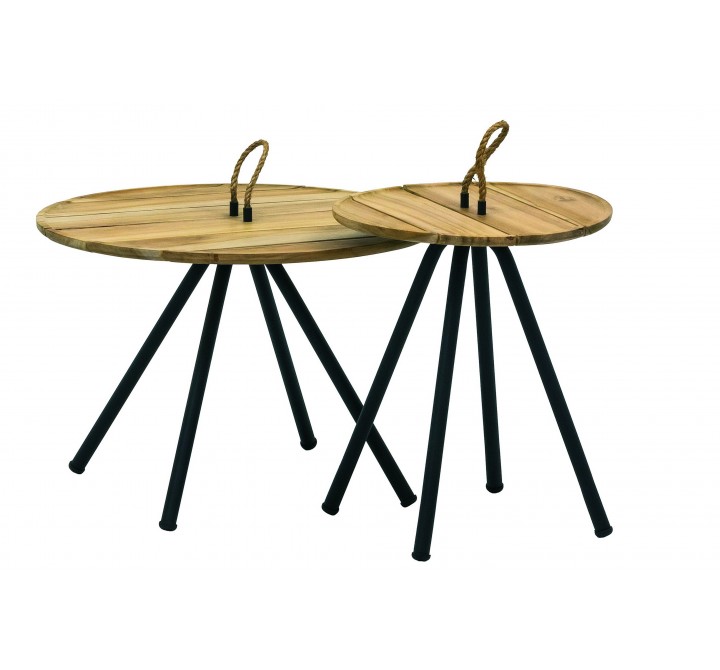 Alfresco Home Elle Belt Teak Top Coffee Tables - Set of Two - Front Angle