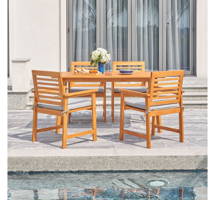 Vifah Waimea Honey 5-Piece Slatted Eucalyptus Wood Patio Dining Set with Cushion, Front View