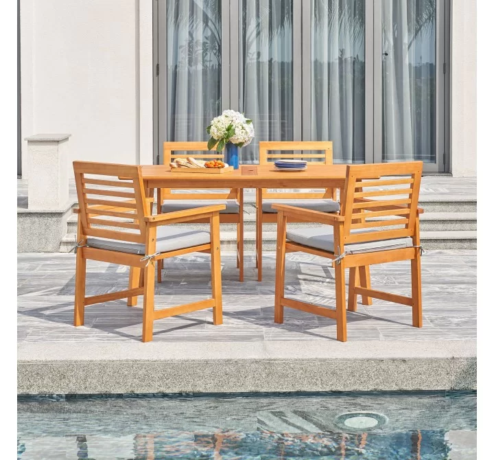 Vifah Waimea Honey 5-Piece Slatted Eucalyptus Wood Patio Dining Set with Cushion, Front View