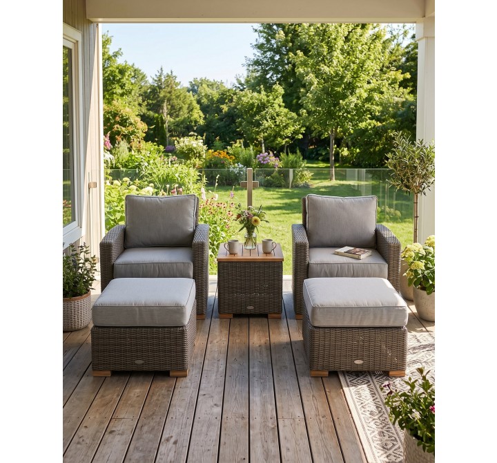Royal Teak Sanibel Wicker Deep Seating Set - Two Club Chair, Two Ottomans and Side Table