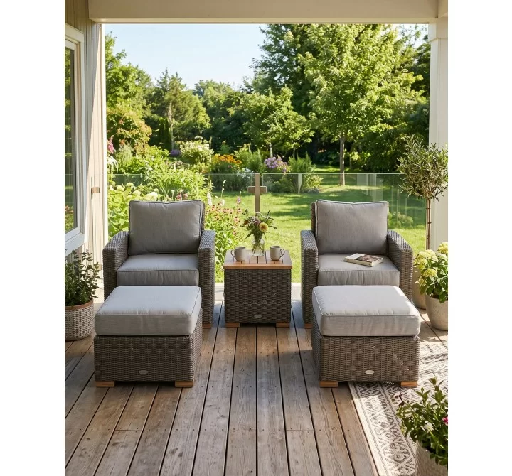 Royal Teak Sanibel Wicker Deep Seating Set - Two Club Chair, Two Ottomans and Side Table